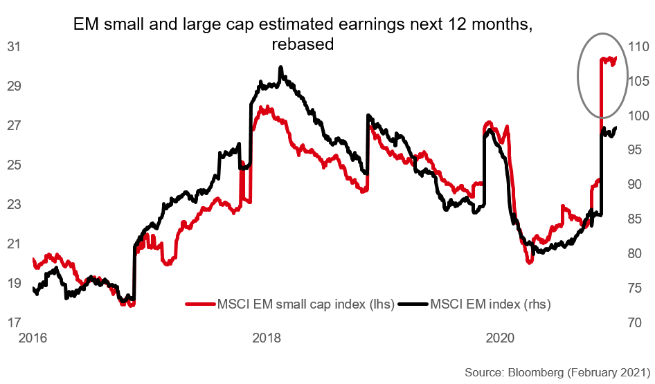 EM small and large cap estimated earnings next 12 months, rebased